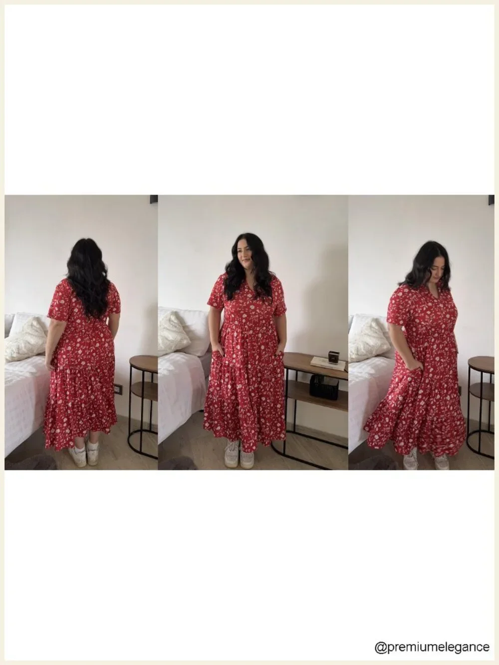 Plus Size Midi Dress V-Neck Short Sleeve A-Line Tiered with Pockets